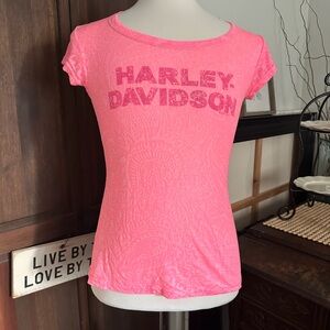 Harley Davidson, HOT pink sheer fabric ss tee shirt, sz L, excellent condition